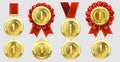 Realistic gold medal. Champion medals with number one and red ribbons. Sports competition first prize, leadership achievement Royalty Free Stock Photo