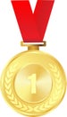 Realistic Gold Medal with red ribbon Vector, 1st Golden Award, 1st Prize, Golden Challenge Award red ribbon, Medal Award winner, Royalty Free Stock Photo