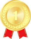 Realistic Gold Medal with red ribbon Vector, 1st Golden Award, 1st Prize, Golden Challenge Award red ribbon, Medal Award winner, Royalty Free Stock Photo