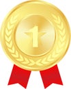 Realistic Gold Medal with red ribbon Vector, 1st Golden Award, 1st Prize, Golden Challenge Award red ribbon, Medal Award winner, Royalty Free Stock Photo