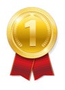 Realistic Gold medal with red ribbons for Winner isolated. Honor prize. Vector illustration Royalty Free Stock Photo