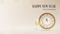 Realistic gold New Year banner, featuring a clock, snowflakes and champagne. Gold and Christmas themed decorations. Suitable for Royalty Free Stock Photo