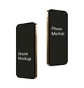 Realistic gold smartphone mockup, flying up 3d mobile device scene with empty screen. Frame less modern phones set for
