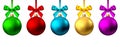 Realistic  gold, red, blue, purple  Christmas  balls  with bow and ribbon Royalty Free Stock Photo