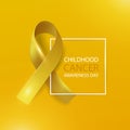 Realistic gold ribbon, a symbol of childhood cancer awareness, vector illustration with frame Royalty Free Stock Photo