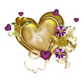 Realistic gold romantic valentine hearts on white background