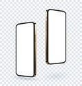 Realistic gold smartphone mockup, flying up 3d mobile device scene with empty screen. Frame less modern phones isolate