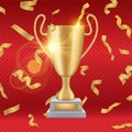 Realistic gold trophy. Falling golden confetti, vector award winner cup illustration Royalty Free Stock Photo