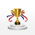 Realistic gold trophy on podium vector. Trophy cup with red and blue ribbon. Champion trophy, Royalty Free Stock Photo