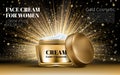 Realistic Gold Women Cream for Eye and Face Bottle Mockup on Dazzling Background. Gold bokeh. Contained in Glass Mock up. Excellen