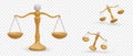 Realistic golden balancing scales. Symbol of judgment, weighted verdict. Justice system