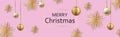 Realistic golden Christmas balls and stars on pink panoramic web background, Happy New Year and Christmas Royalty Free Stock Photo