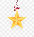 Realistic golden Christmas star. Gold star Christmas decoration on a hanger for the tree over a pastel background, colored. Royalty Free Stock Photo