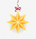 Realistic golden Christmas star. Gold star Christmas decoration on a hanger for the tree over a pastel background, colored. Vector Royalty Free Stock Photo