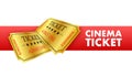 Realistic golden cinema ticket. Old premium cinema entrance tickets