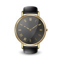 Realistic Golden Classic Vintage Unisex Wrist Watch with Roman Numerals and Black Dial Icon Closeup Isolated on White