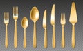 Realistic golden cutlery. Luxury spoons, knives and forks, yellow metal 3d closeup dinner tools collection, top view