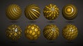 Realistic golden decorated spheres vector illustrations set, abstract beautiful balls with patterns, 3D globes design concept Royalty Free Stock Photo