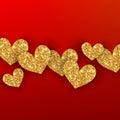 Realistic golden hearts on red background. Happy Valentines Day concept for greating card. Romantic Valentine gold Royalty Free Stock Photo