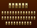 Realistic golden locks combination font. Yellow metal alphabet. Rotating wheels with numbers and letters. Bank codeword