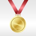 Realistic golden medal on red ribbon: award for first place in competition Royalty Free Stock Photo