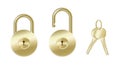 Realistic golden padlocks with keyhole in center and keys chain isolated on white background