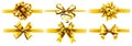 Realistic golden ribbons with bows. Holiday gift gold ribbon bow, present wraps realistic vector set Royalty Free Stock Photo