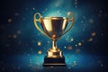 Realistic golden trophy cup on blue background. 3D Rendering, Champion golden trophy with gold stars on blue dark background, AI