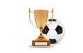 Realistic golden trophy Cup with gold ball inside. Winner Cup and football ball. Shiny golden 3d trophy awards on wooden Royalty Free Stock Photo