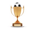 Realistic golden trophy Cup with gold ball inside. Winner Cup and football ball. Shiny golden 3d trophy awards on wooden Royalty Free Stock Photo