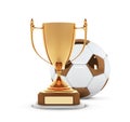 Realistic golden trophy Cup with gold ball. Winner Cup and football ball. Shiny golden 3d trophy awards on wooden shelf Royalty Free Stock Photo