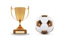 Realistic golden trophy Cup with gold ball. Winner Cup and football ball. Shiny golden 3d trophy awards on wooden shelf Royalty Free Stock Photo