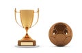 Realistic golden trophy Cup with gold ball. Winner Cup and football ball. Shiny golden 3d trophy awards on wooden shelf Royalty Free Stock Photo