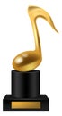 Realistic golden trophy prize. Music winner cup. Gold award with note on pedestal and empty sign. Singer and songwriter