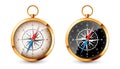 Realistic golden vintage compass with marine wind rose and cardinal directions of North, East, South, West. Shiny metal Royalty Free Stock Photo