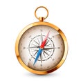 Realistic golden vintage compass with marine wind rose and cardinal directions of North, East, South, West. Shiny metal Royalty Free Stock Photo