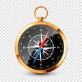 Realistic golden vintage compass with marine wind rose and cardinal directions of North, East, South, West. Shiny metal Royalty Free Stock Photo