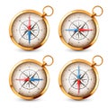 Realistic golden vintage compass with marine wind rose and cardinal directions of North, East, South, West. Shiny metal Royalty Free Stock Photo