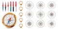 Realistic golden vintage compass with marine wind rose and cardinal directions of North, East, South, West. Shiny metal Royalty Free Stock Photo