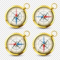 Realistic golden vintage compass with marine wind rose and cardinal directions of North, East, South, West. Shiny metal Royalty Free Stock Photo