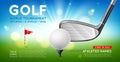 Realistic golf championship banner. Sport event, tournament poster, game invitational flyer, ball and stick, flag and hole, green Royalty Free Stock Photo