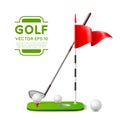 Realistic golf elements. Shooting preparation objects, sport game equipment, putter, ball and hole with red flag, 3d Royalty Free Stock Photo