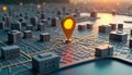 Realistic GPS map pointer highlights location on detailed city map. Miniature buildings part of 3D urban structure. Urban route