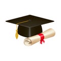 Realistic graduation cap and diploma scroll