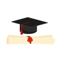 Realistic graduation cap and diploma scroll isolated on white background. Academic hat with tassel and university degree Royalty Free Stock Photo