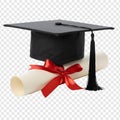 Realistic Graduation Cap and Diploma Scroll, Transparent Background Royalty Free Stock Photo