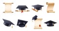 Realistic graduation hat and diploma. High school, college or university cap with bachelor degree scroll, academic graduate Royalty Free Stock Photo