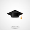 Realistic Graduation hat. Isolated on white. Vector illustration. Education cap. Academic uniform element. College or university b