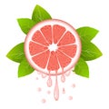 Realistic grapefruit slice with leaves and drops of juice. Juicy fruit. Fresh citrus design on white vector illustration