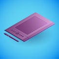 Realistic graphics tablet in isometry. Vector isometric illustration of electronic device, graphics pad with stylus.